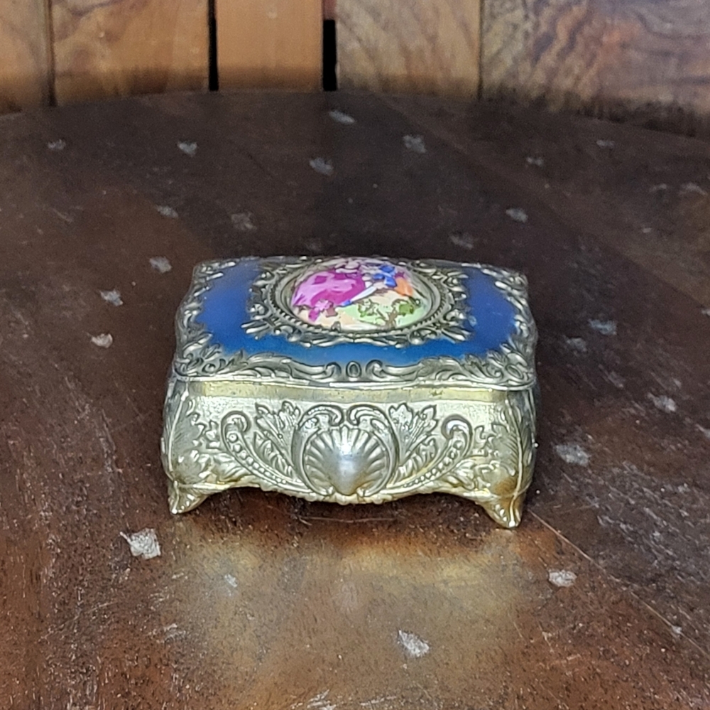 Vintage Ornate Jewelry Box with Blue and Gold Accents
